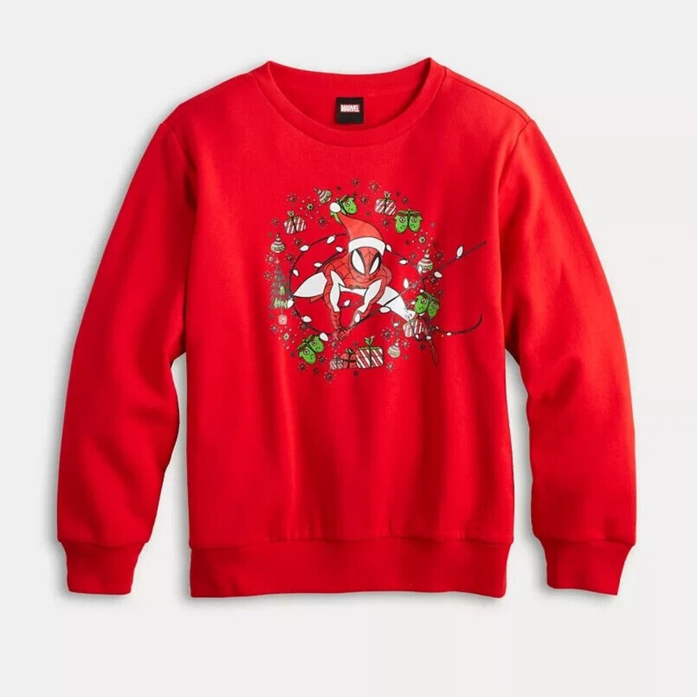 MARVEL SPIDERMAN CHRISTMAS SWEATSHIRT Youth Boy Size M 10-12  RED  NEW WITH TAGS